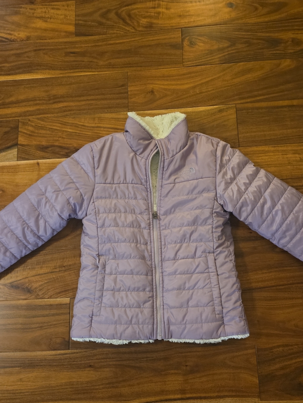 The North Face Girls' Lavender Quilted Puffer Jacket with Sherpa Trim